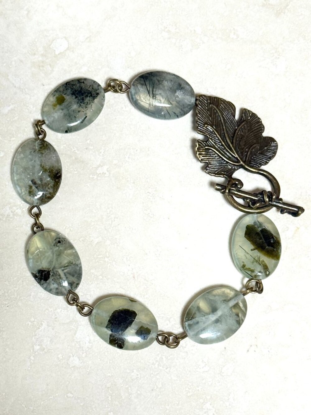 2/20, Green Prehnite Bracelet, Genuine Gemstone & Bronze Grape Leaf Toggle